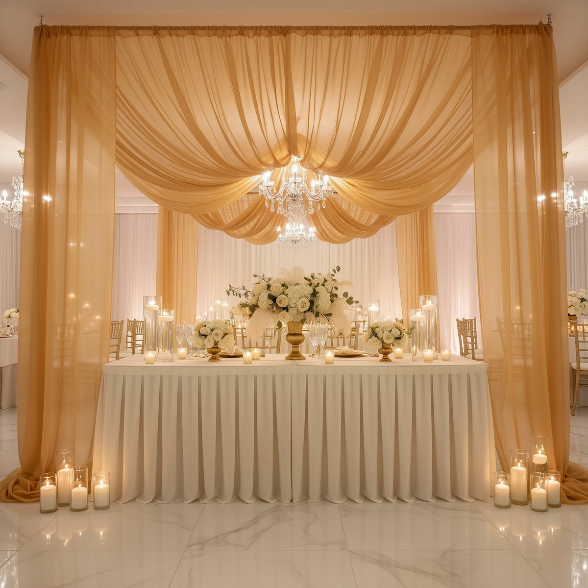 Gold Chiffon Curtain Panel, Durable Flame Resistant Backdrop and Ceiling Drape With Rod Pocket - 5ftx20ft