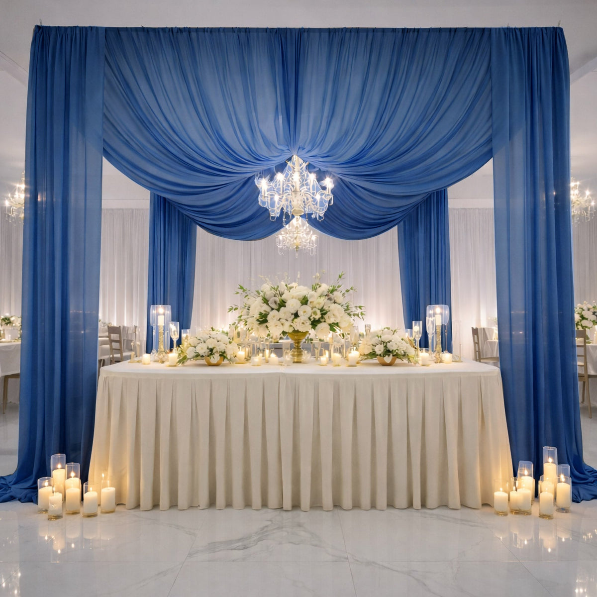 Navy Blue Chiffon Curtain Panel, Durable Flame Resistant Backdrop and Ceiling Drape With Rod Pocket - 5ftx20ft