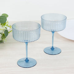 24-Pack Plastic Cocktail Glasses – 10oz Dusty Blue Ribbed Premium Disposable Coupe Champagne Cups with Detachable Stem & Base – Party & Event Drinkware