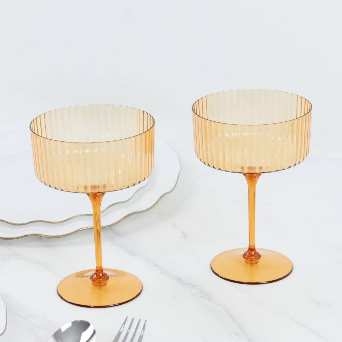 24-Pack Plastic Cocktail Glasses – 10oz Amber Gold Ribbed Premium Disposable Coupe Champagne Cups with Detachable Stem & Base – Party & Event Drinkware