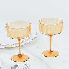 24-Pack Plastic Cocktail Glasses – 10oz Amber Gold Ribbed Premium Disposable Coupe Champagne Cups with Detachable Stem & Base – Party & Event Drinkware