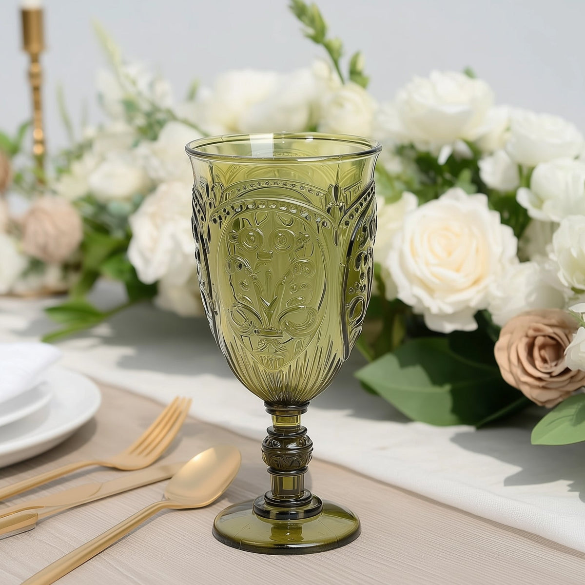 24-Pack Plastic Wine Glasses 10oz – Transparent Dusty Sage Green Vintage Goblets with Retro Embossed Design, Elegant Drinkware - 7" Tall