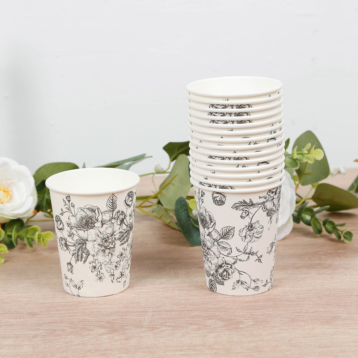 50-Pack Paper Cups in White with Black French Toile Print - Stylish Disposable Floral Party Cups for Weddings & All Purpose Use 9oz