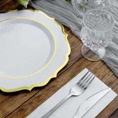 10-Pack Plastic 10" Round Dinner Plates in White with Gold Scalloped Rim - Disposable Party Plates for Chic Banquets & Special Occasions