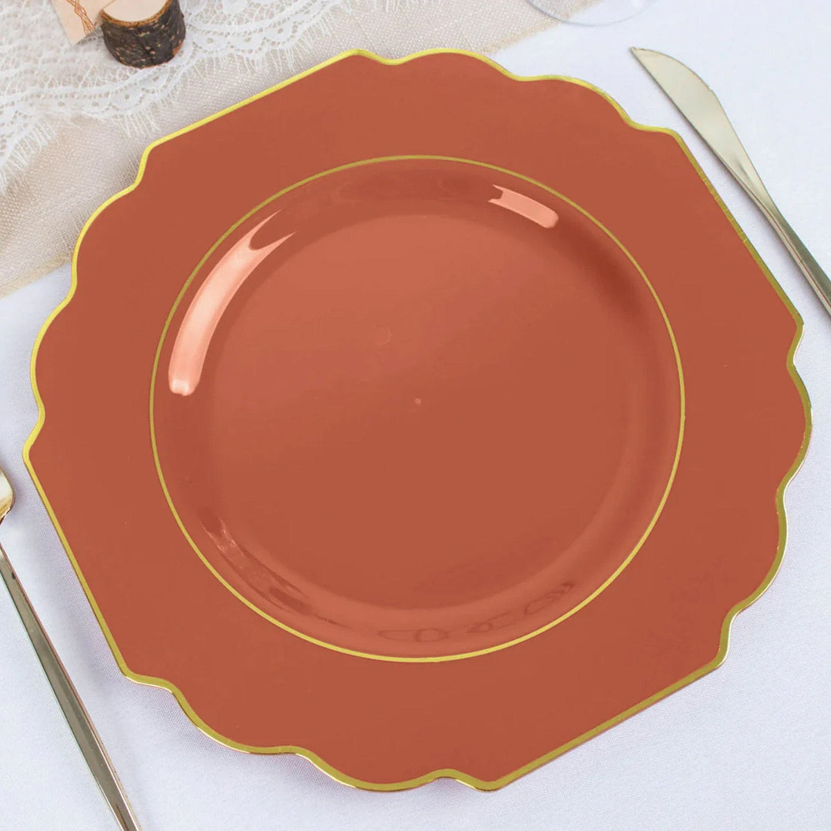 10-Pack Plastic Dinner Plates in Terracotta (Rust) Baroque Design with Scalloped Gold Rim - Heavy Duty Disposable Party Plates 11"