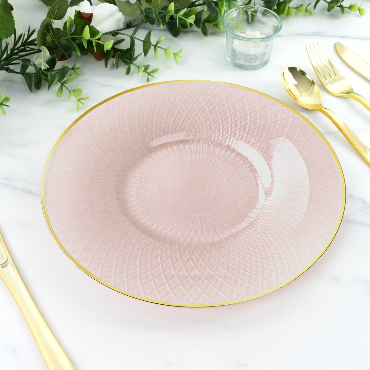 20-Pack Round Pearl Blush Plastic Dinner Plates – 10" Radial Diamond-Cut Pattern Gold Rim Party Plates, Durable Disposable Tableware