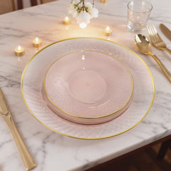 20-Pack Round Pearl Blush Plastic Dessert Plates – 7" Radial Diamond-Cut Pattern Gold Rim Salad Plates, Durable Disposable Tableware