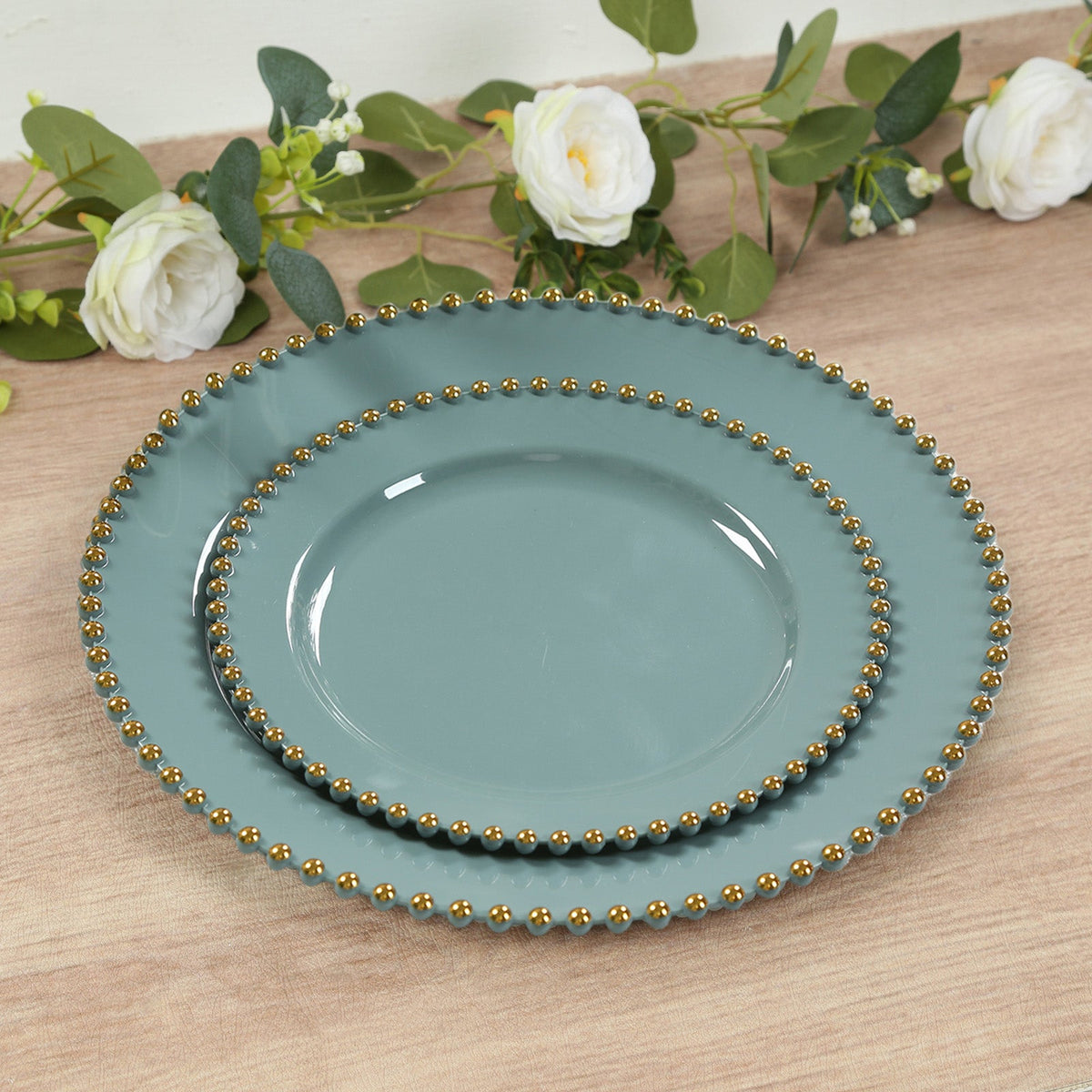 10-Pack Plastic 10" Round Dinner Plates in Dusty Blue with Gold Beaded Rim - Disposable Party Plates for Banquets & Festive Occasions