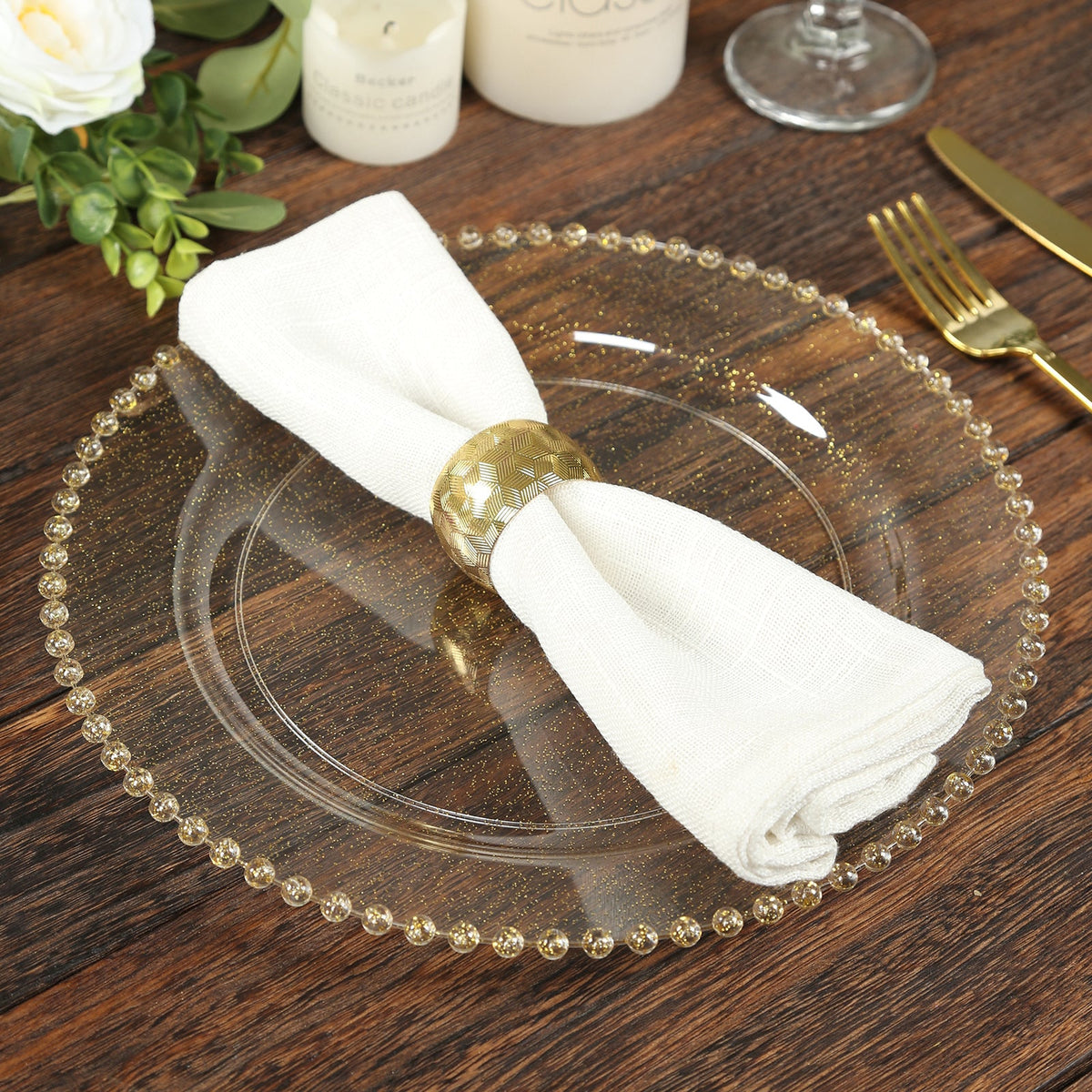 10-Pack Plastic 10" Round Dinner Plates in Clear Gold Glittered with Beaded Rim - Disposable Party Plates for Banquets & Festive Occasions