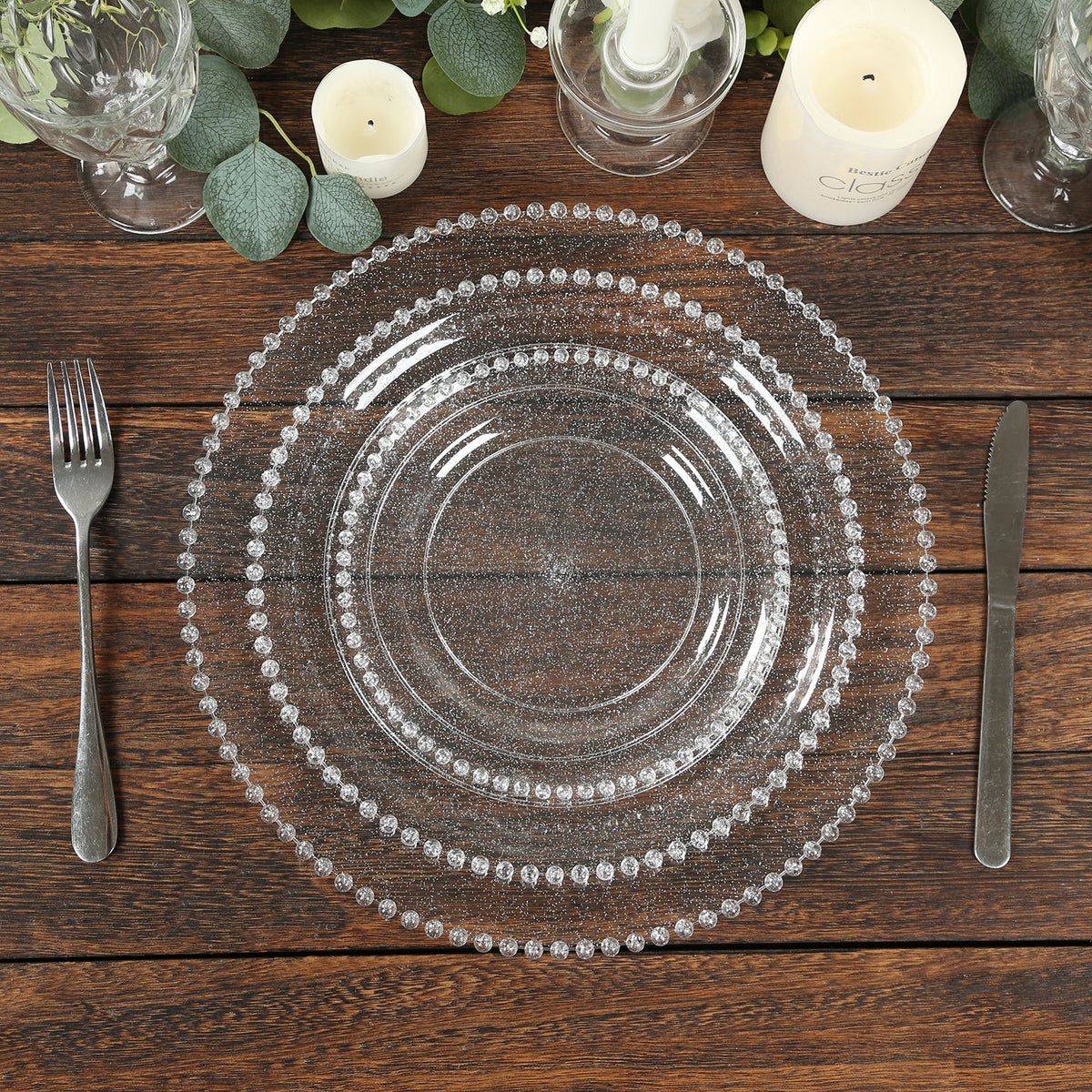 10-Pack Plastic 10" Round Dinner Plates in Clear Silver Glittered with Beaded Rim - Disposable Party Plates for Banquets & Festive Occasions