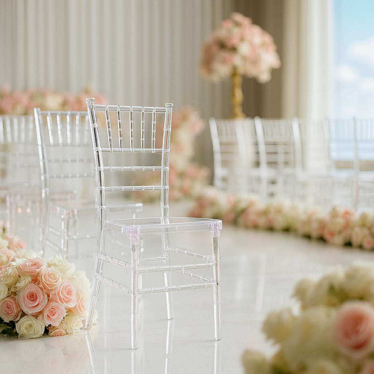 8 Pack Resin Chiavari Chairs Transparent and Stackable Clear - Sleek Armless Design for Weddings & Gatherings