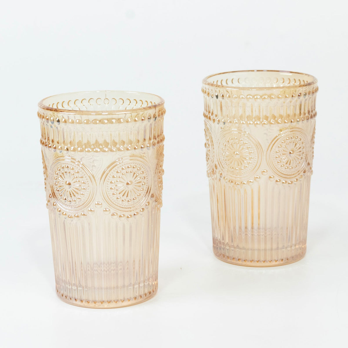 6 Pack Embossed Glass Tumblers – 13oz Amber Gold Vintage Textured Floral Drinking Cups for Water & Cocktails