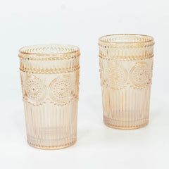 6 Pack Embossed Glass Tumblers – 13oz Amber Gold Vintage Textured Floral Drinking Cups for Water & Cocktails