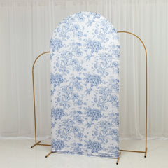 7ft Fitted Spandex Chiara Backdrop Cover – French Toile Blue & White Floral Arch Slipcover for Round Top Wedding Stand