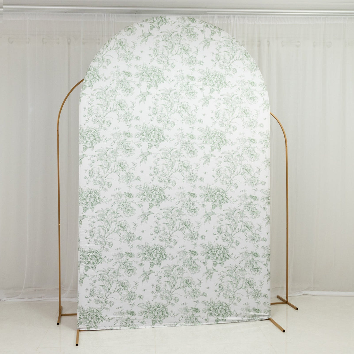 8ft Fitted Spandex Chiara Backdrop Cover – French Toile Dusty Sage Green & White Floral Arch Slipcover for Round Top Wedding Stand