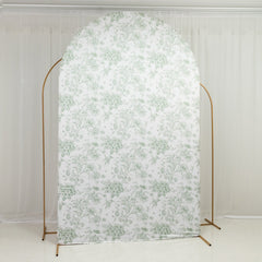8ft Fitted Spandex Chiara Backdrop Cover – French Toile Dusty Sage Green & White Floral Arch Slipcover for Round Top Wedding Stand