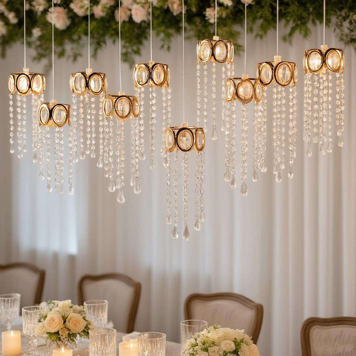 LED Hanging Crystal String Lights – Gold Oval Frame with Teardrop Pendants, Warm White Plug-in Chandelier Décor