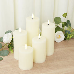 Ivory LED Flameless Pillar Candles – Set of 5 Battery Operated Flickering Candles, Real Wax Exterior, Ribbed Design, 4″–8″, Warm White