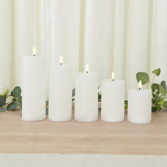 White LED Flameless Pillar Candles – Set of 5 Battery Operated Flickering Candles, Real Wax Exterior, Ribbed Design, 4″–8″, Warm White