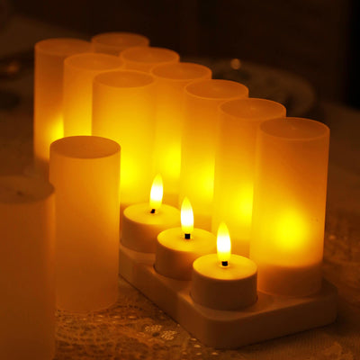 Rechargeable Tea Light Candles 12 Pack, White Flameless LED Candles with Frosted Shades, Remote Timer & Charging Station, Warm White Flickering Effect, 30Hr Runtime