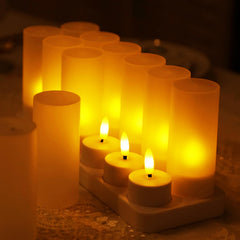 Rechargeable Tea Light Candles 12 Pack, White Flameless LED Candles with Frosted Shades, Remote Timer & Charging Station, Warm White Flickering Effect, 30Hr Runtime