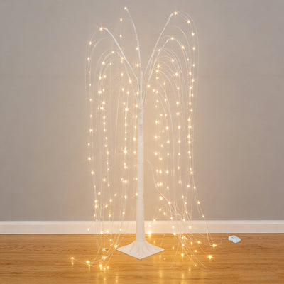 LED Weeping Willow Tree Light, 4ft Battery Operated White Decorative Tree with 180 Warm White LEDs