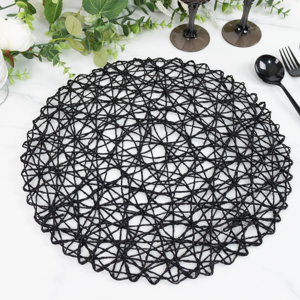 6-Pack Table Placemats Woven Fiber Design Black Round - Disposable Mats for Dining and Events 15"