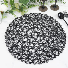 6-Pack Table Placemats Woven Fiber Design Black Round - Disposable Mats for Dining and Events 15"