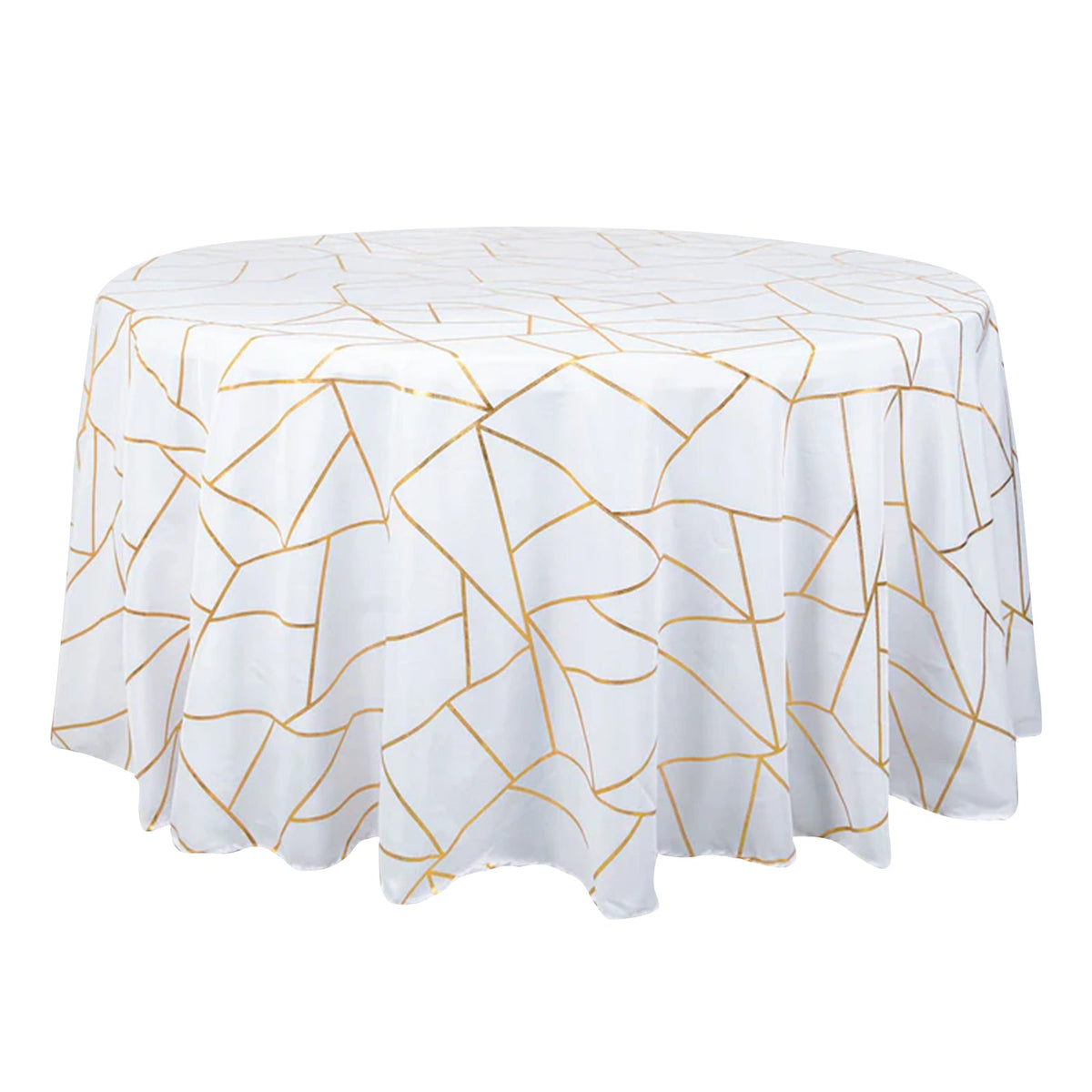 Polyester 120" Round Tablecloth White with Gold Foil Geometric Pattern Wrinkle-Resistant Modern Seamless Table Cover