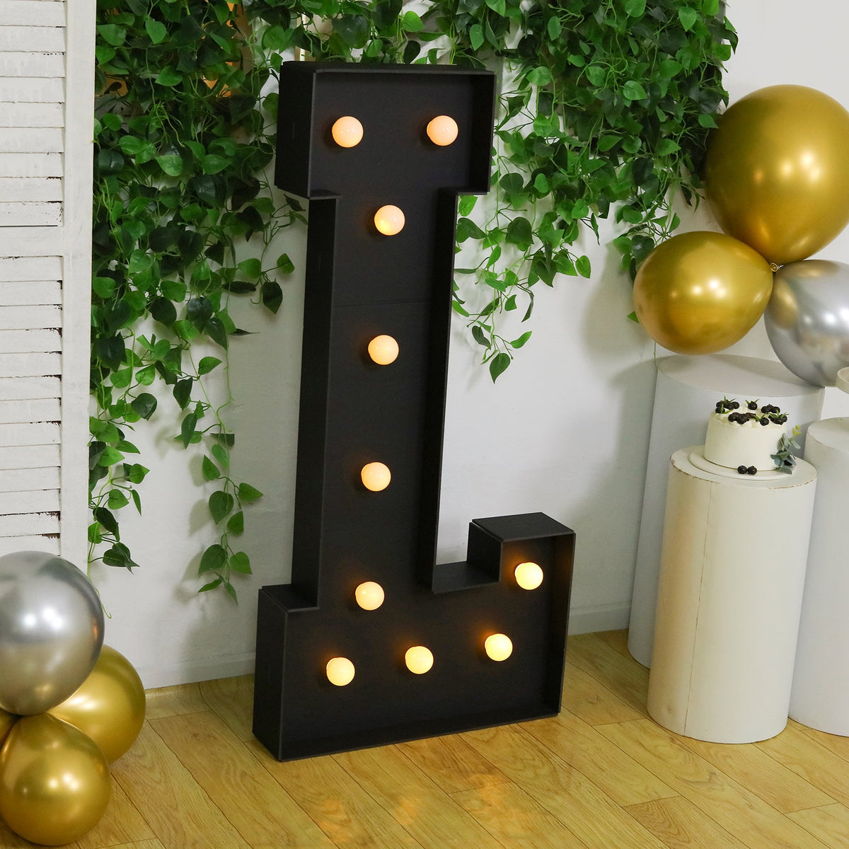 Giant LED Marquee Light Up Letter "L", Black 4ft Pre-Cut Foam Board with 10 Warm White Battery Operated LEDs, Glue Gun and Sticks