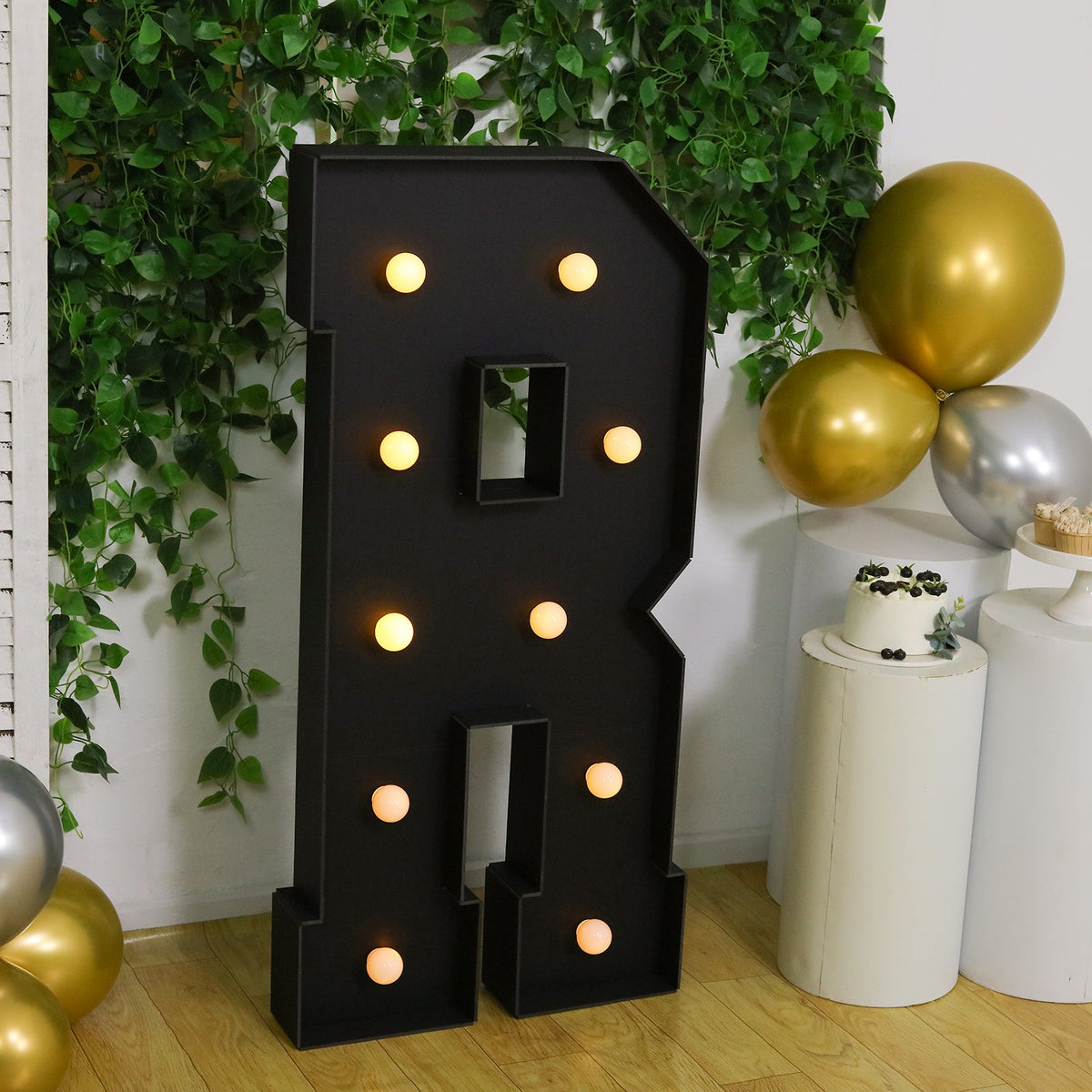 Giant LED Marquee Light Up Letter "R", Black 4ft Pre-Cut Foam Board with 10 Warm White Battery Operated LEDs, Glue Gun and Sticks