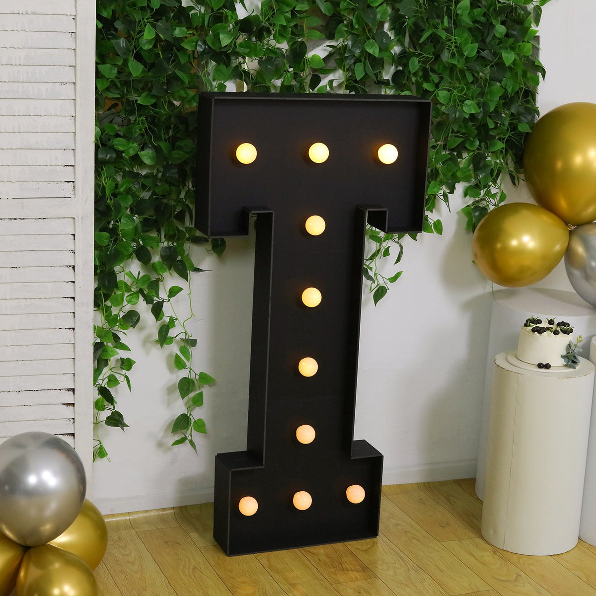 Giant LED Marquee Light Up Letter "T", Black 4ft Pre-Cut Foam Board with 10 Warm White Battery Operated LEDs, Glue Gun and Sticks