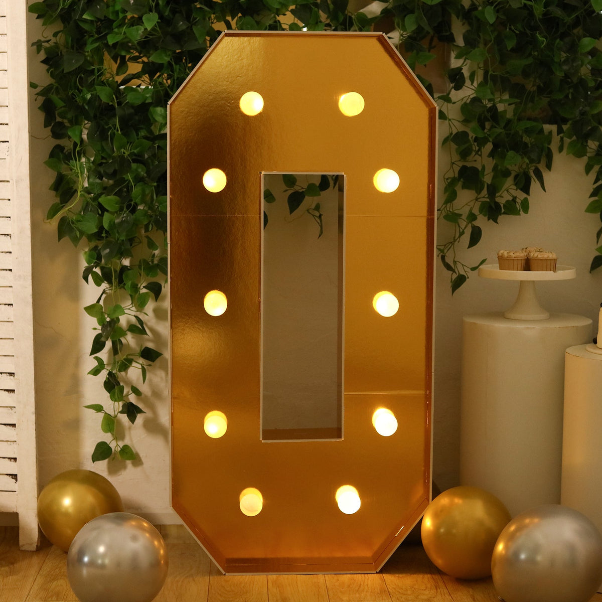 Giant LED Marquee Light Up Number "0", Gold 4ft Pre-Cut Foam Board with 10 Warm White Battery Operated LEDs, Glue Gun and Sticks