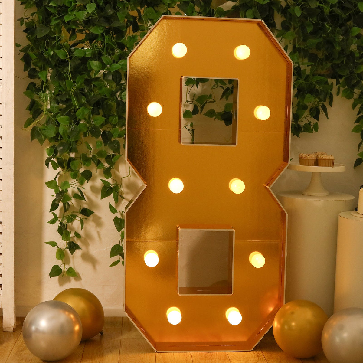 Giant LED Marquee Light Up Number "8", Gold 4ft Pre-Cut Foam Board with 10 Warm White Battery Operated LEDs, Glue Gun and Sticks