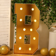 Giant LED Marquee Light Up Letter "B", Gold 4ft Pre-Cut Foam Board with 10 Warm White Battery Operated LEDs, Glue Gun and Sticks