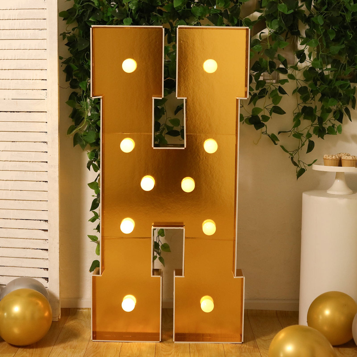 Giant LED Marquee Light Up Letter "H", Gold 4ft Pre-Cut Foam Board with 10 Warm White Battery Operated LEDs, Glue Gun and Sticks
