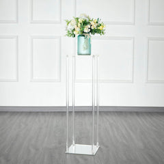 Acrylic Floor Vase Flower Stand with Square Mirror Base Clear - Decorative Wedding Column Centerpiece 32"