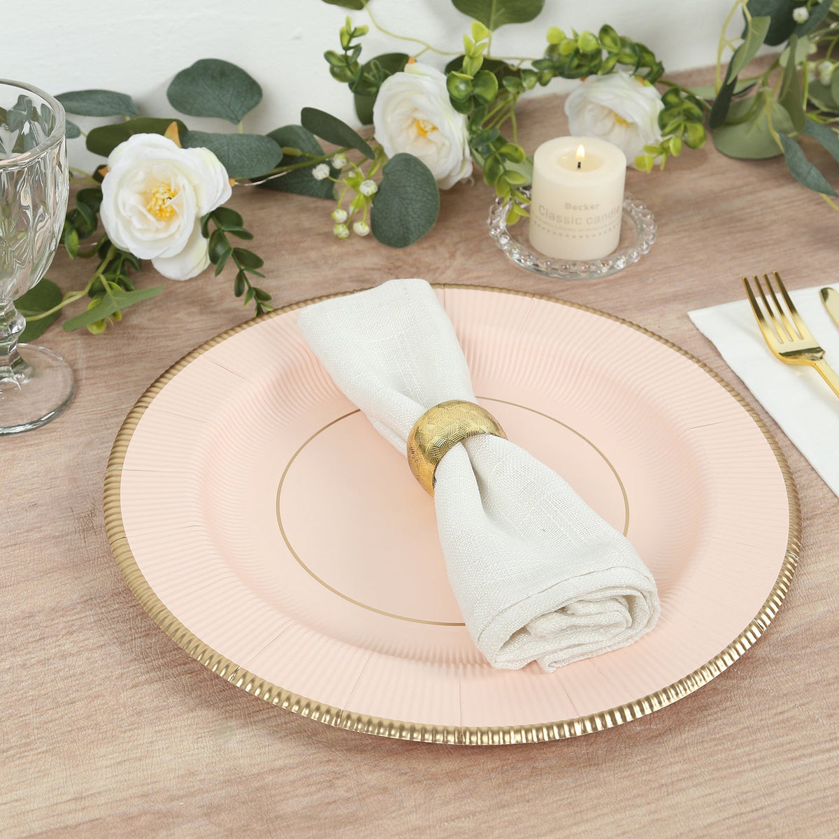 25-Pack Disposable Round Charger Plates in Blush Sunray Design with Gold Rim - 350GSM Heavy Duty Paper Chargers 13"