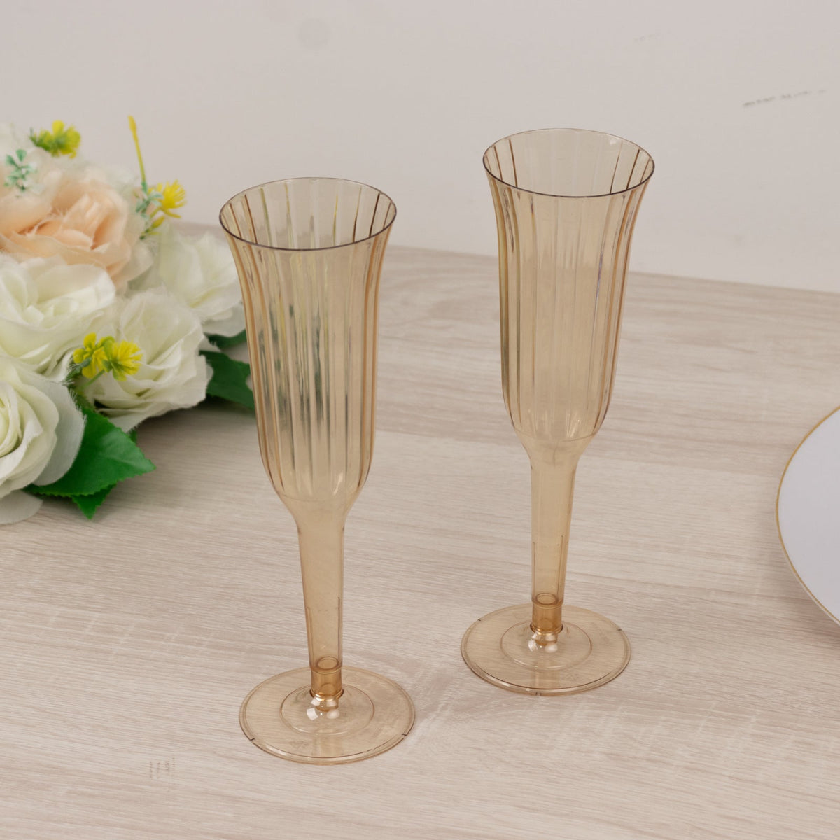 24-Pack Plastic Champagne Flutes Transparent Amber Gold Flared Design - Lightweight Disposable Toasting Glasses 6oz