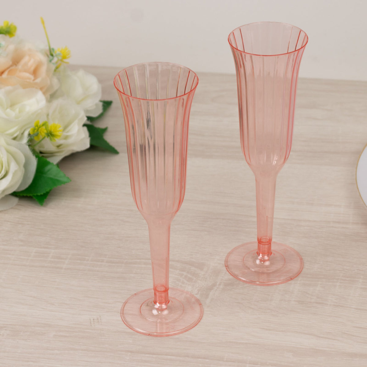 24-Pack Plastic Champagne Flutes Transparent Blush Flared Design - Lightweight Disposable Toasting Glasses 6oz