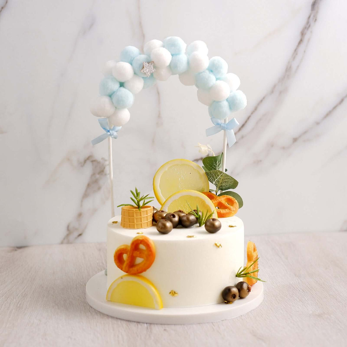 Cotton Ball Arch Cake Topper Blue/White - Charming Mini Cake Decoration Supplies for Nautical Sky & Baby-Themed Events 6"x11"