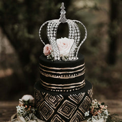 Crystal-Bead Royal Crown Cake Topper Metallic Silver - Dazzling Cake Centerpiece Decor for Luxurious Birthdays Receptions & Romantic Celebrations 14"