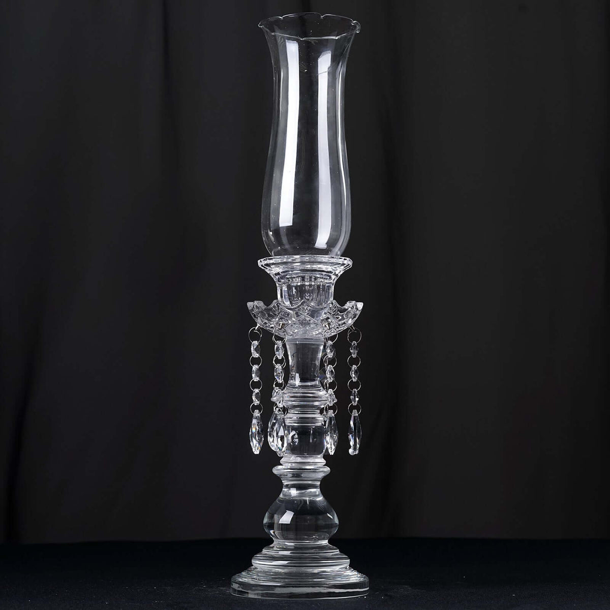 Crystal Glass Hurricane Candle Taper Candlestick Holder, Decorative Piece With Chandelier Chains 20"
