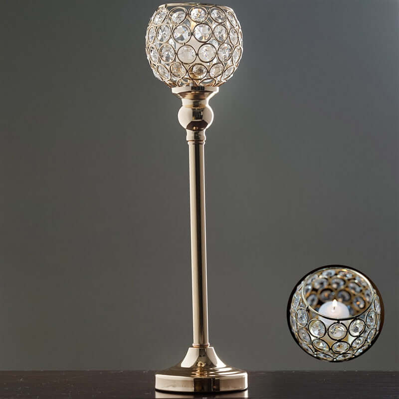 Crystal Votive Pillar Holder Metal 16" Gold - Chic Round Tealight Stand for Events