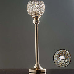 Crystal Votive Pillar Holder Metal 16" Gold - Chic Round Tealight Stand for Events