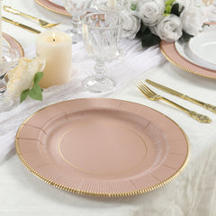 25-Pack Disposable Round Charger Plates in Dusty Rose Sunray Design with Gold Rim - 350GSM Heavy Duty Paper Chargers 13"
