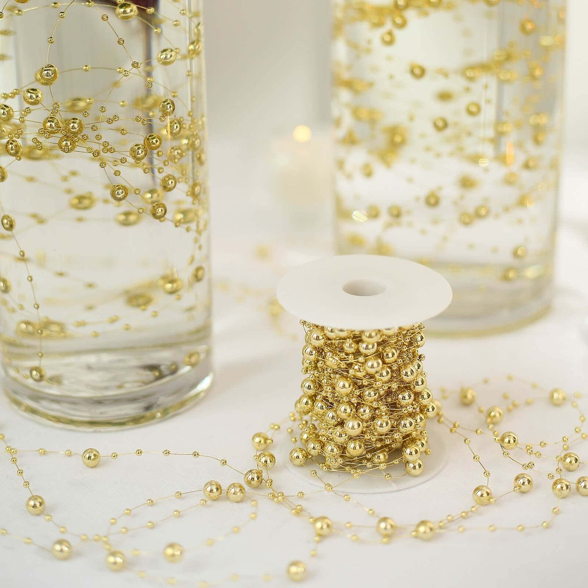 Faux Pearl String Beads Vase Filler - Gold DIY Craft Fishing Line Pearl Chains 100ft