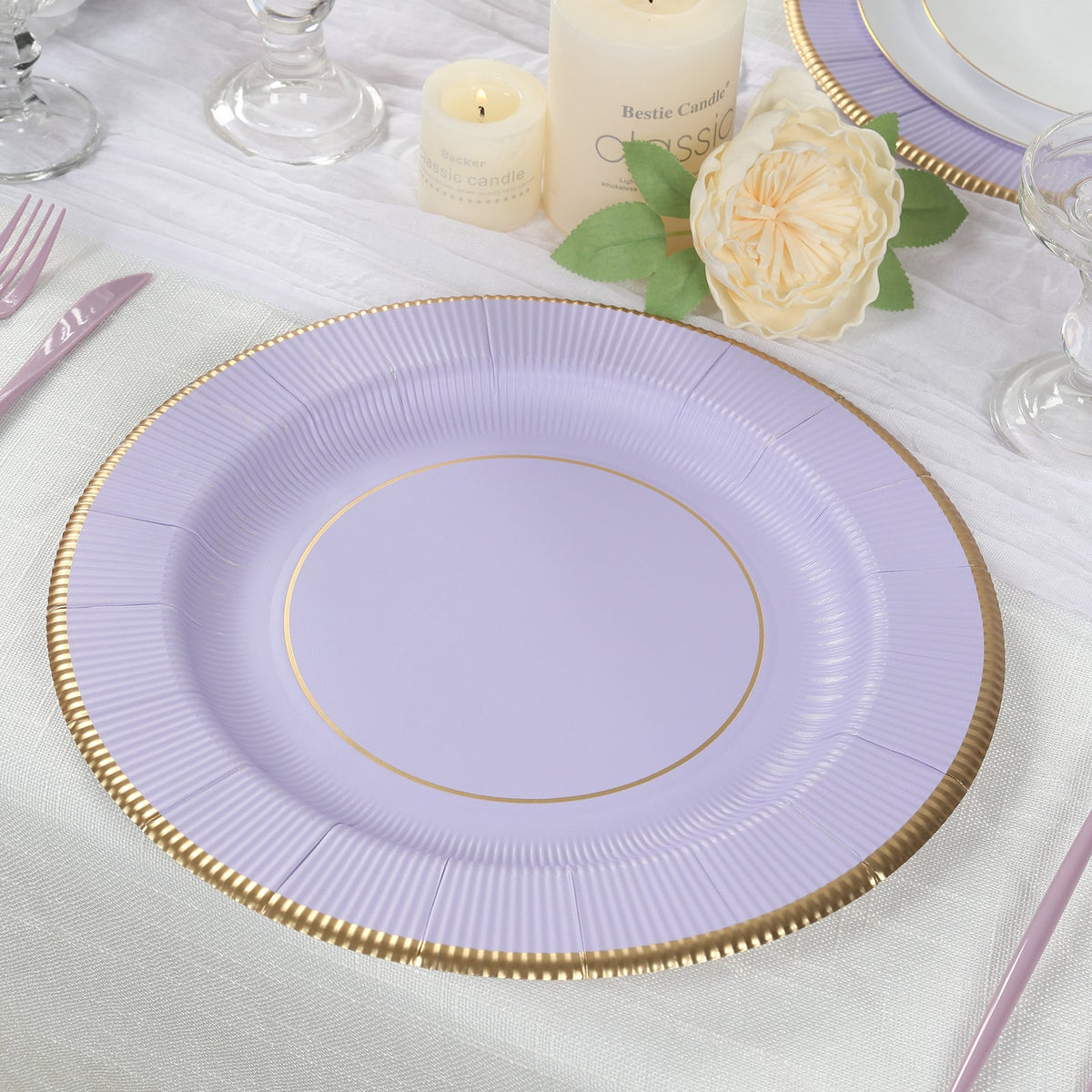 25-Pack Disposable Round Charger Plates in Lavender Lilac Sunray Design with Gold Rim - 350GSM Heavy Duty Paper Chargers 13"