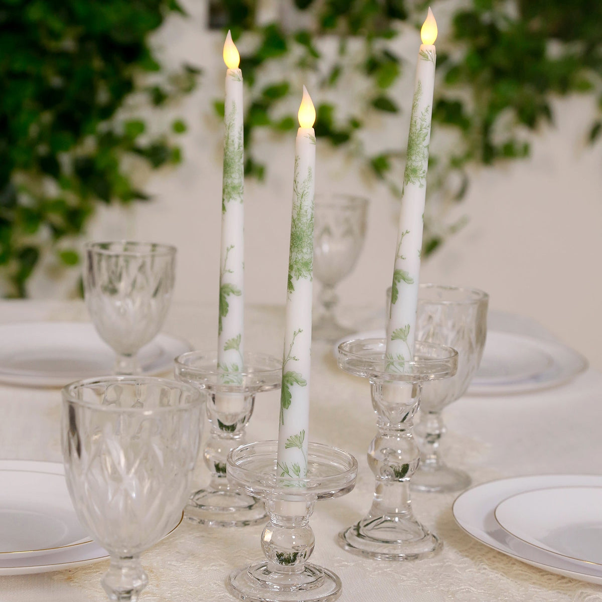 6-Pack 11" Flameless LED Taper Candles, Flickering Battery Operated – White & Sage Green French Toile Pattern