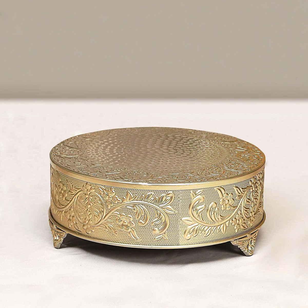 Metal 14" Round Cake Pedestal Stand Matte Gold - Cupcake Dessert Display Riser with Intricate Embossed Design for Upscale Events & Gatherings